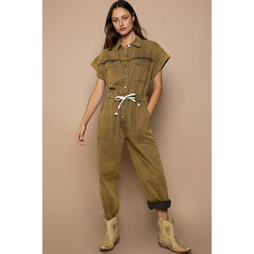 POL Olive Mineral Washed Button Front Adjustable Waist Denim Jumpsuit - Picture 7 of 8